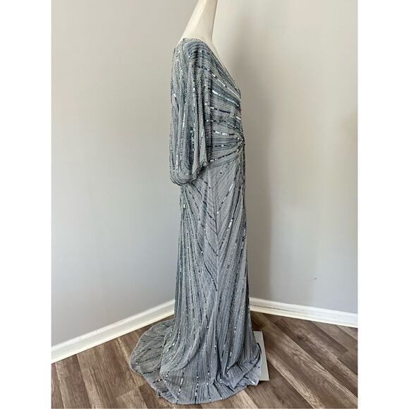 MAC DUGGAL SEQUINED V NECK CAPE SLEEVE COLUMN GOWN - Picture 9 of 11